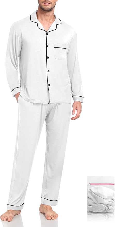 Men Modal Pajama Set Long Sleeve Pjs Button Down Sleepwear Soft Comfy Loungewear Sets 2 Piece Nightwear S-3XL