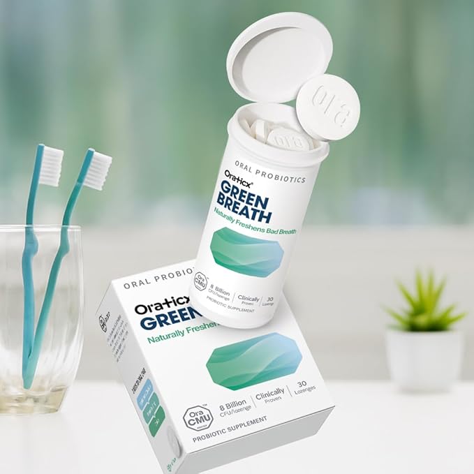 OraTicx Green Breath Oral Care Probiotics, Naturally Support Freshens Bad Breath & Healthy Mouth, Dental Probiotic Supplement 8 Billion CFU, Mint Flavor 30 Lozenges 1-PK