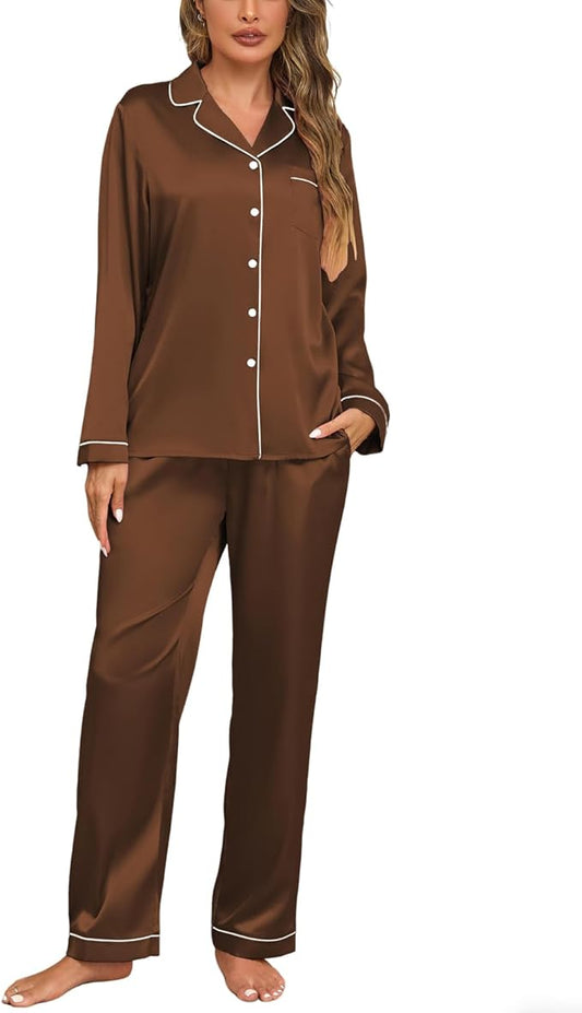 Veseacky Womens Satin Pajama Set Silk Pjs Button Down Long Sleeve Sleepwear Loungewear Sleepwear 2 Piece Pjs Set S-XXL