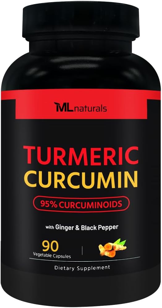 ML Naturals Turmeric Curcumin 90 Vegetable Capsules Organic Turmeric 1,800 mg. Turmeric Root 7,500 mg Equivalent - 300 mg of 25:1 Extract. NSF-Certified & cGMP-Compliant,Third-Party Lab Tested