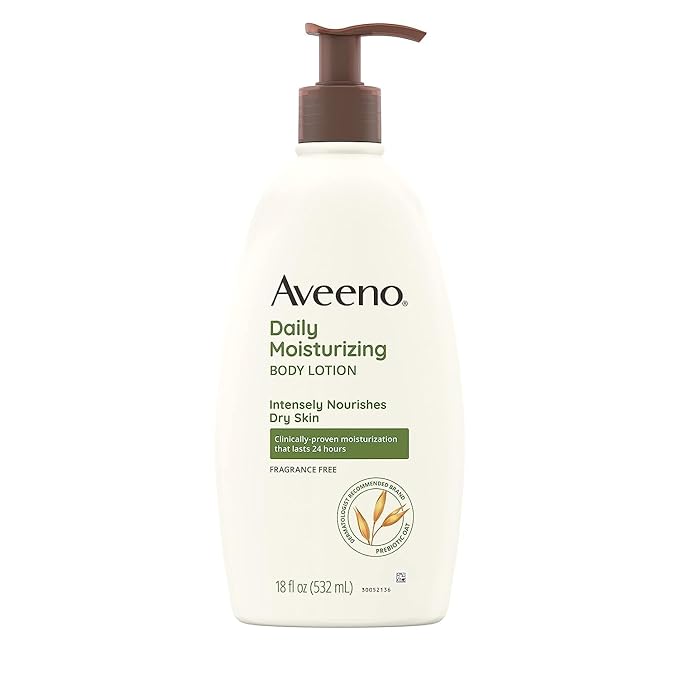 Aveeno Daily Moisturizing Body Lotion for Dry Skin with Prebiotic Oat, Fragrance & Paraben Free, Non-Greasy, Non-Comedogenic, for Sensitive Skin & 48-Hour Moisturizer 18 Fl Oz