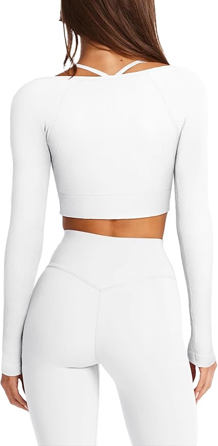 LASLULU Womens Sexy Square Neck Crop Top Ribbed Seamless Long Sleeve Workout Tops Halter Neck Athletic Yoga