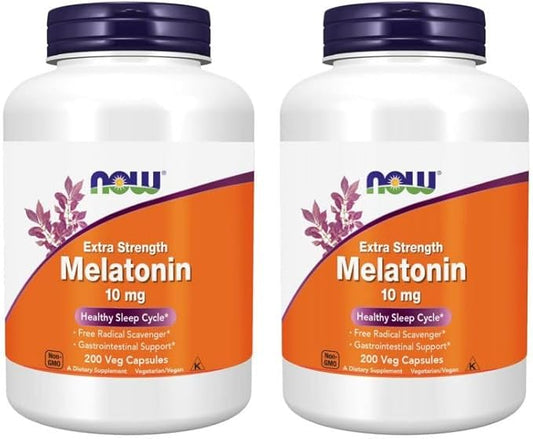 Now Foods Supplements, Melatonin, Extra Strength 10 mg, Free Radical Scavenger*, Healthy Sleep Cycle*, 200 Veg Capsules (Pack of 2)