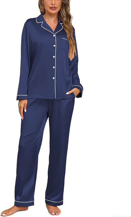 Veseacky Womens Satin Pajama Set Silk Pjs Button Down Long Sleeve Sleepwear Loungewear Sleepwear 2 Piece Pjs Set S-XXL