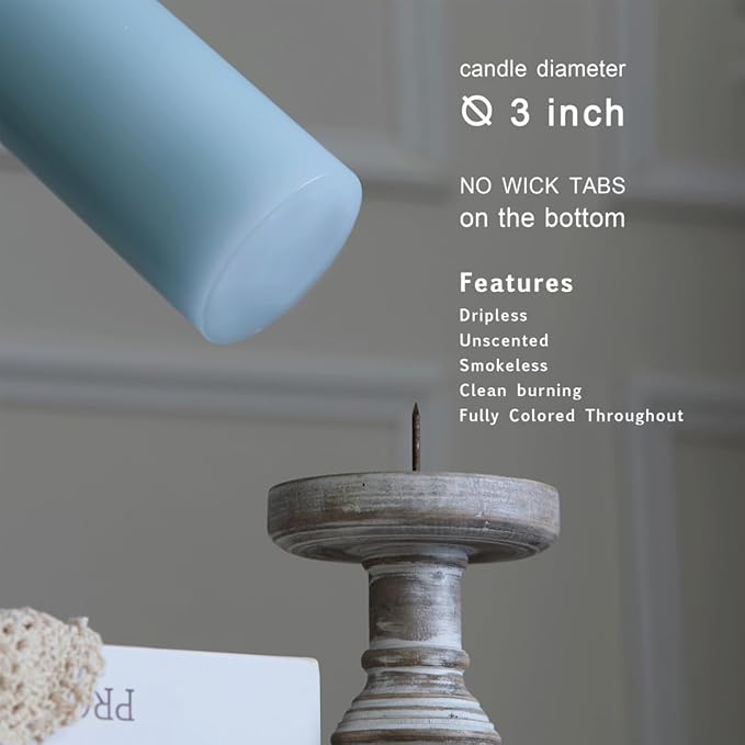 MOZEAL 3" x 4" Hand-Poured Unscented Baby Blue Candle, Dripless Sky Blue/Light Blue Pillar Candle Set of 3, Long Clean Burning, Approx 72 Hours Burn Time, Rustic Country Style, Home Decor