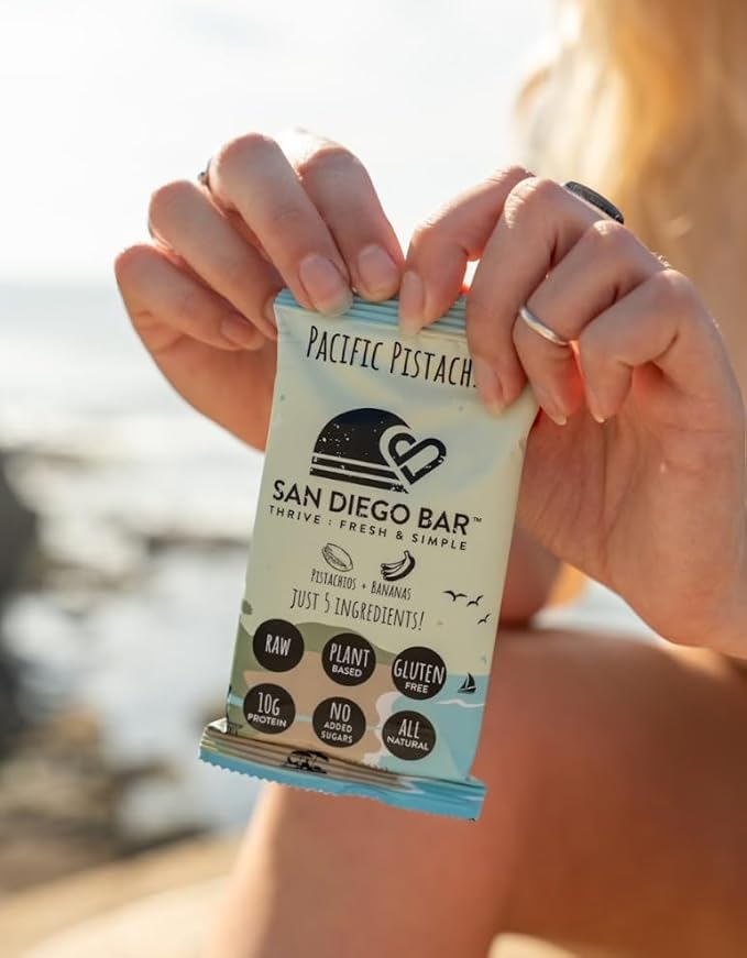 San Diego Bar - Pistachios + Banana | 10g Protein | Raw & Vegan Energy Meal Bars | Gluten & Soy Free | No Added Sugar | Only 6 Whole Food Plant-Based Ingredients | All Natural Clean Pacific Pistachio Breakfast Bar (2.22 Oz Each - 4 Pack)