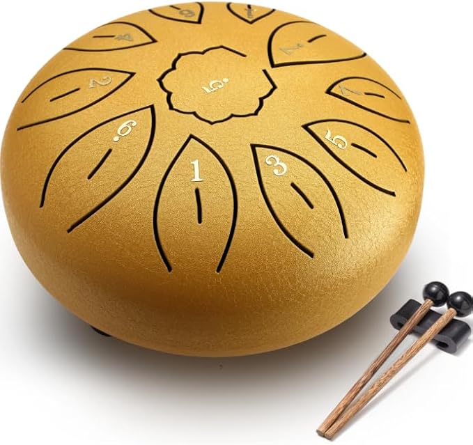 Facmogu 6 Inches 11 Notes Steel Tongue Drum, Handpan Drum Sound Healing Instruments for Meditation, Musical Education, Yoga, Zen, Hand Drum with Bag Mallets Finger Picks Music Book Stickers - Gold