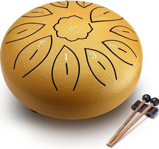 Facmogu 6 Inches 11 Notes Steel Tongue Drum, Handpan Drum Sound Healing Instruments for Meditation, Musical Education, Yoga, Zen, Hand Drum with Bag Mallets Finger Picks Music Book Stickers - Gold