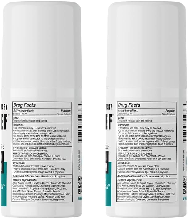 Instant Pain Relief Roll-On with 4% Lidocaine・230400mg Hemp Extract (=300mg KannopiaActive)・Post Surgery & Injury Support・Arnica・Doctor Recommended for Nerve・Joint・Sciatic Health・Free Sample* (2Pack)