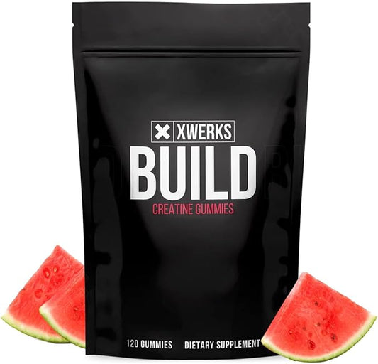 Xwerks Build Creatine Gummies for Men and Women, 120 Count, 100% Pure Creatine Monohydrate, Watermelon Flavored Muscle Building Gummies 4g Per Serving, Pre Workout Anti Melting, 5000mg Total Creatine