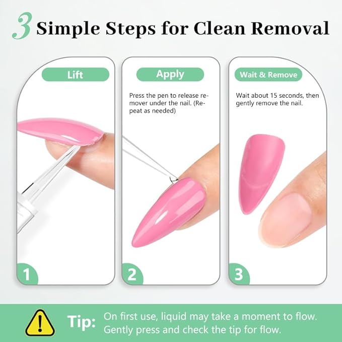 Nail Glue Remover for Press on Nails, 2025 Upgraded 2 In 1 Stick & Remover Pen Design, Not for Gel Polish Base Coat, Quick Gentle Removal Fake Nail Tips Press Ons, 2pcs*5ml