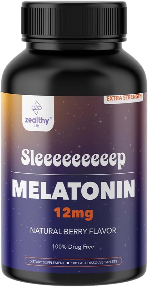 Melatonin 12mg Fast Dissolve Tablets – Natural Berry Flavor, 100 Count – Extra Strength Sleep Support for Adults – Non-Habit Forming, 100-Day Supply
