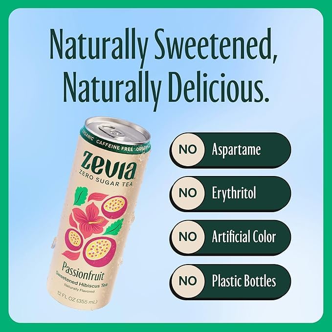 Zevia Zero Sugar Tea, Hibiscus Tea with Passionfruit Caffeine Free, 12 oz Cans (12-Pack) – Naturally Sweetened, Zero Calorie Sugar Free - Non-GMO Project Verified, Gluten-Free, Vegan