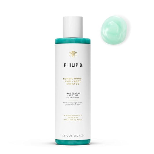 PHILIP B Nordic Wood Hair + Body Shampoo, 11.8 fl. oz. (350 ml) - Lathers Up Luxuriously, Conditions While Leaving You Feeling Cool& Invigorated, With Notes of Norwegian Spruce, White Pine and Camphor