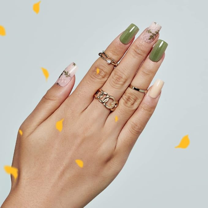 Press on Nails Medium Short Square GLAMERMAID, Amber Green Ferns Fake Nails with Design Cute Acrylic False Nail Kits Stick Glue on Nails Sets for Women Reusable Full Cover Gel Nails 24Pcs