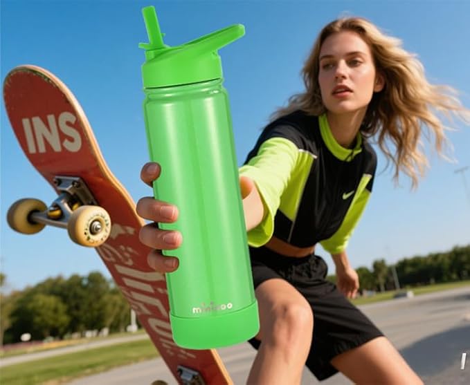 Insulated Stainless Steel Water Bottle with Straw, Ceramic-Lined, BPA-Free & Leak-Proof, 24 oz, Green Shimmer