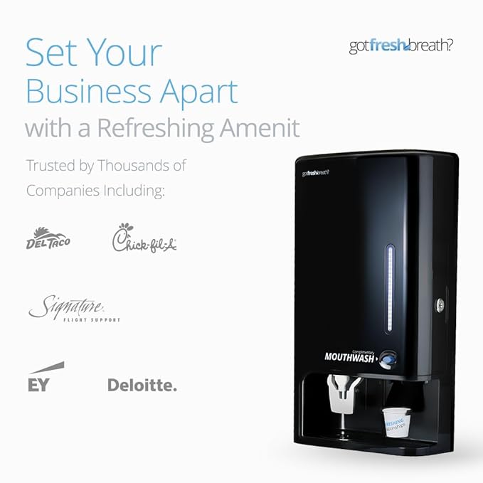 GotFreshBreath Manual Mouthwash Dispenser with Cup Holder – Standing or Wall-Mounted, Slim, Commercial Mouthwash Dispenser with 100 Cups & 50 Oz. Alcohol-Free Mouthwash (Black)…