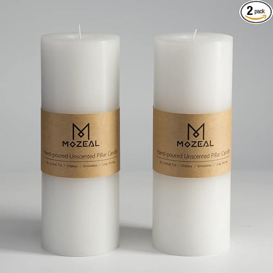 MOZEAL 3" x 8" Hand-Poured Unscented Large Candle,Smokeless Rustic Pillar Candle Set of 2,Slow Burn,No Drip,Approx 150 Hours Burning,Wedding,Dinner,Christmas and Home Decorative,Tall White Candle