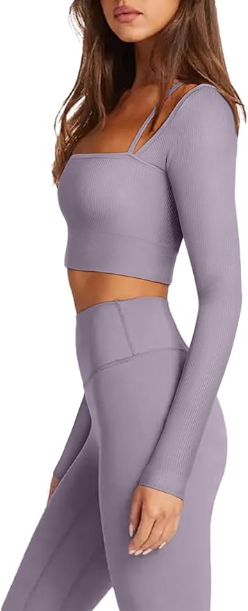 LASLULU Womens Sexy Square Neck Crop Top Ribbed Seamless Long Sleeve Workout Tops Halter Neck Athletic Yoga