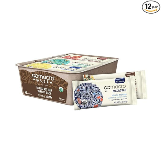 GoMacro Macrobar Organic Vegan Protein Bars, Breakfast Variety Pack, 12 Count