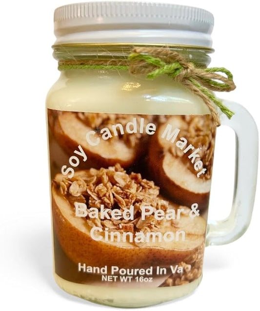Soy Scented Candles | Handmade & Highly Aromatic Candles Burns Upto 85 Hours in Glass Jar - Perfect for Home Decor, Wedding, Birthday, Dinner (Baked Pears and Cinnamon, 16 oz)