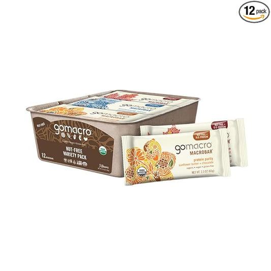 GoMacro MacroBar Organic Vegan Protein Bars, Nut Free Variety Pack, 2.3 Oz, 12 Count