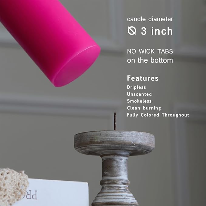 MOZEAL 3" x 4" Hand-Poured Unscented Hot Pink Candle, Dripless Fuchsia Pillar Candle Set of 3, Long Clean Burning, Approx 72 Hours Burn Time, Rustic Country Style, Home Decor