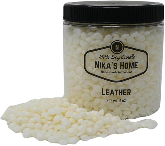 Nika's Home Leather Soy Melts - Strong Scents - Add to Candles to Create Your Own Blends or Use Alone in Wax Warmers - Wax Pastilles - 5oz Jar, up to 20 Hours of Fragrance