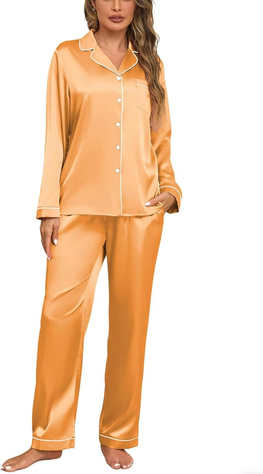 Veseacky Womens Satin Pajama Set Silk Pjs Button Down Long Sleeve Sleepwear Loungewear Sleepwear 2 Piece Pjs Set S-XXL
