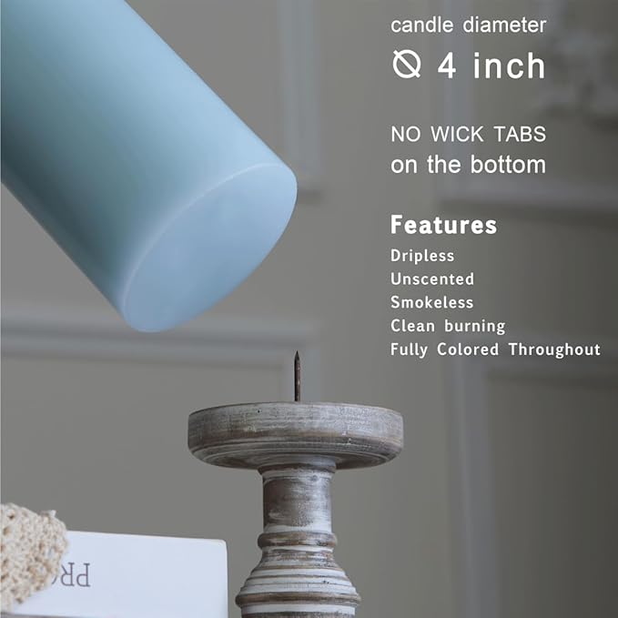 MOZEAL 4" x 10" Extra-Large Baby Blue Pillar Candles (Set of 2), Unscented, Dripless, Smokeless, Long Clean-Burning, Tall 10 inch Large Baby Blue Pillar Candles for Baby Showers and Spring Decor