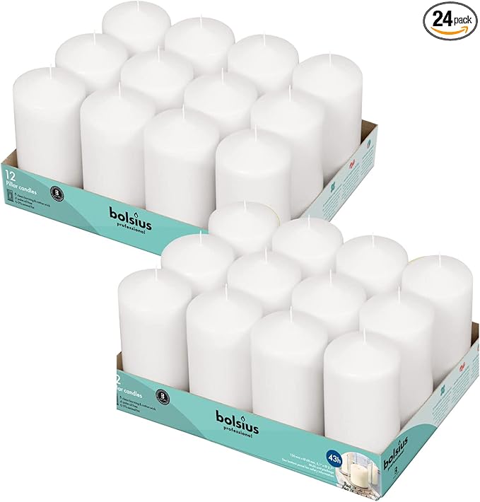 BOLSIUS White Pillar Candles - 2.7x5.1 Inches - 2 Packs = Total 24 Candles - 43+ Hours - Premium European Quality - Consistent Smokeless Flame - Unscented Dripless Pillars