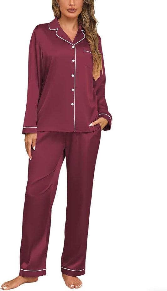 Veseacky Womens Satin Pajama Set Silk Pjs Button Down Long Sleeve Sleepwear Loungewear Sleepwear 2 Piece Pjs Set S-XXL