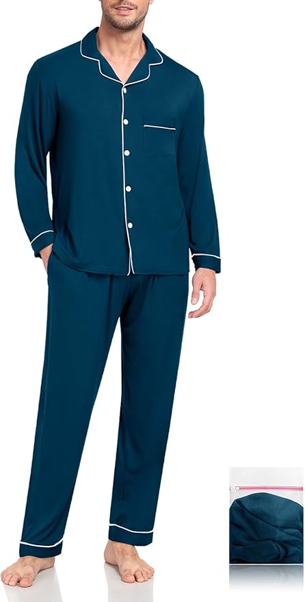 Men Modal Pajama Set Long Sleeve Pjs Button Down Sleepwear Soft Comfy Loungewear Sets 2 Piece Nightwear S-3XL