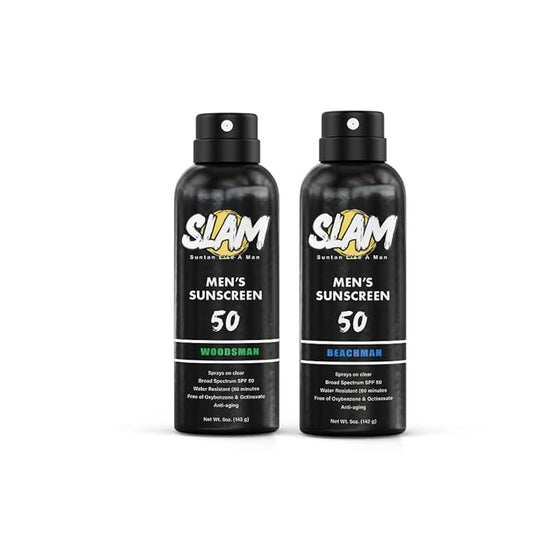 SLAM WoodsMan & BeachMan Bundle - Men's Scented Sunscreen Spray, Water Resistant, Paraben Free, Broad Spectrum UVA/UVB Sunscreen SPF 30