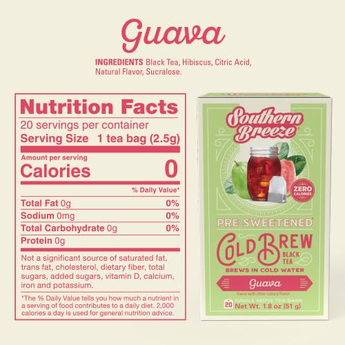 Southern Breeze Guava Cold Brew Sweet Tea Guava Iced Tea with Black Tea and Zero Carbs Zero Sugar, 20 Individually Wrapped Tea Bags Pack of 4