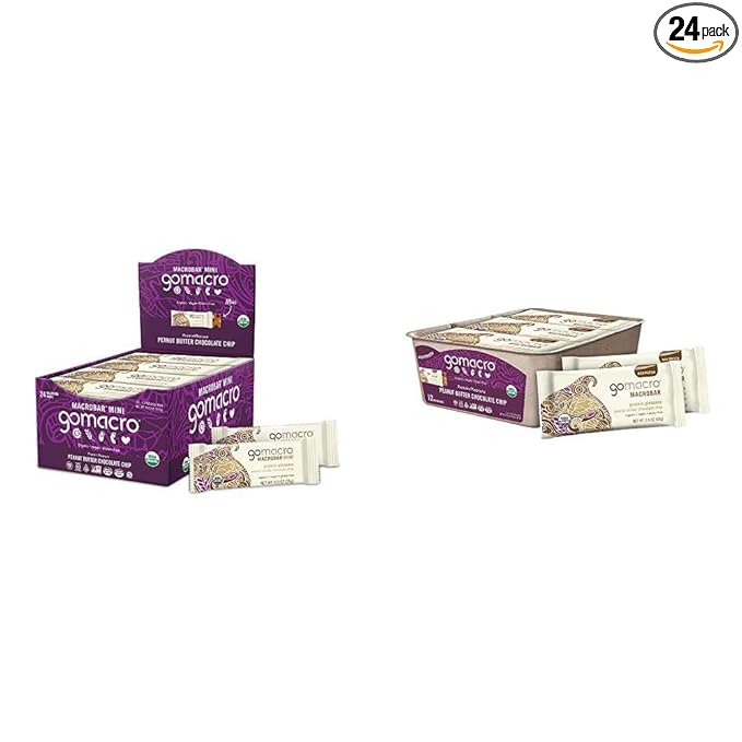 GoMacro MacroBar Mini (0.90 Ounce Bars, 24 Count) and MacroBar (2.4 Ounce Bars, 12 Count) Organic Vegan Snack and Protein Bars Bundle - Peanut Butter Chocolate Chip