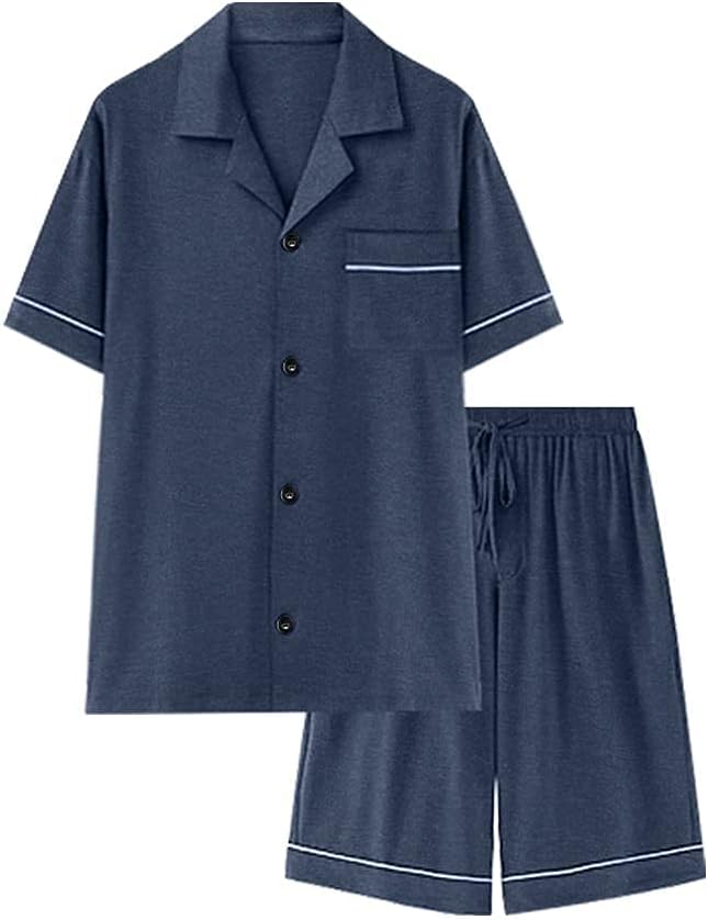 COLORFULLEAF Men's 100% Cotton Short Sleeve Pajama Sets Button Down Notched Collar Sleepwear Soft Lounge Pjs with Pockets