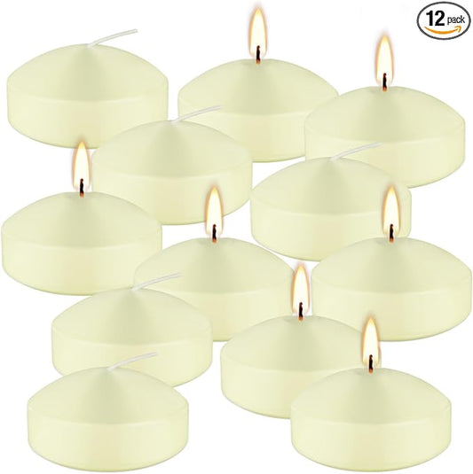 12 Pcs 3 - inch Floating Candles, Smokeless and Odourless, Burns for 8-10 Hours, Ivory, Suitable for Festivals, Weddings, Holidays, Home Decoration.