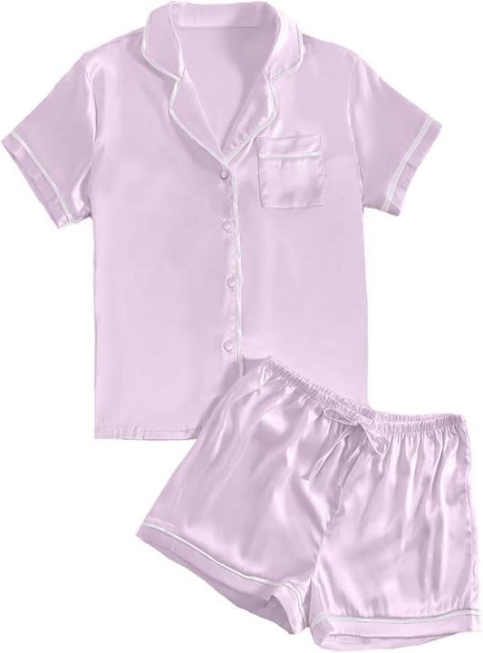 LYANER Women's Satin Silky Short Sleeve Button Shirt Sleepwear 2Piece Pajama Set