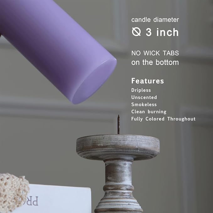 MOZEAL 3" x 4" Hand-Poured Unscented Lavender Candle, Dripless Light Purple Pillar Candle Set of 3, Long Clean Burning, Approx 72 Hours Burn Time, Rustic Country Style, Home Decor