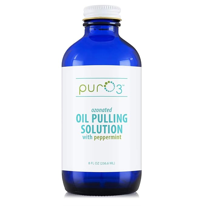PurO3 Ozonated Oil Pulling Solution - Organic, Ozone Infused Coconut, Sesame, Sunflower, & Peppermint Essential Oils for Teeth & Gums - Fluoride-Free, Non-Toxic & Non-GMO Oral Care, 8 oz