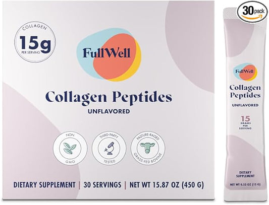 FullWell Hydrolyzed Collagen Peptide Stick Packs, Breastfeeding & Pregnancy Safe Grass-Fed Collagen Travel Packs, 15g Unflavored Collagen, 30 Servings