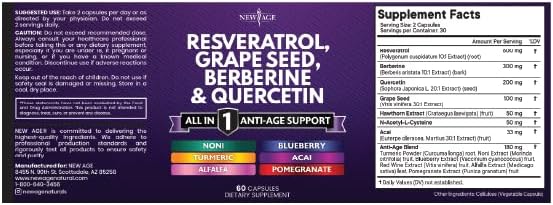 NEW AGE Resveratrol, Berberine, Grape Seed Extract, Quercetin, Polyphenol Supplement for Women and Men with Noni Extract, N-Acetyl Cysteine, Acai Extract - 120 Capsules