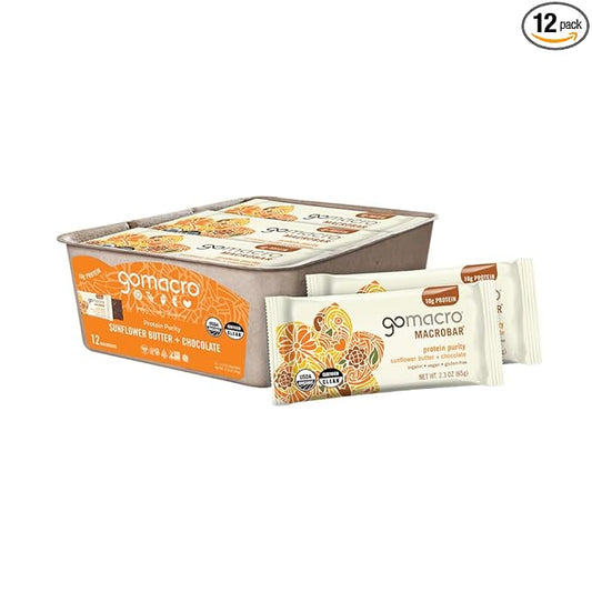 GoMacro MacroBar Organic Vegan Protein Bars - Sunflower Butter + Chocolate (2.3 Ounce Bars, 12 Count