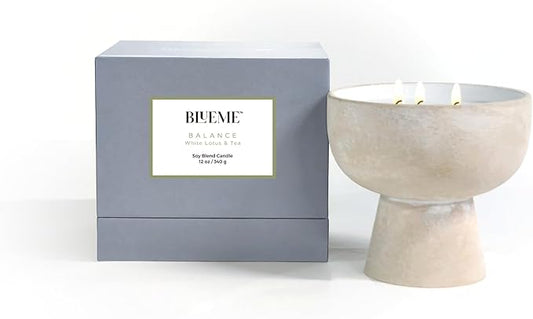 BLUEME White Lotus & Tea, Luxury Candle w/Essential Oils, 3 Wick, Hand-Poured Soy, Cotton Wick, Ceramic