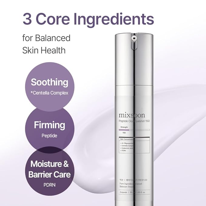 mixsoon Peptide Cica Hyalshot 150, 1.69 Fl. Oz / 50ml Centella Asiatica, Hyaluronic Acid for Sensitive Skin Lightweight & Fragrance-Free Korean Glass Skin Care
