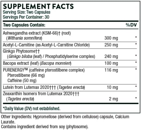 THORNE - Memoractiv - Nootropic Brain Supplement for Focus, Creativity, and Concentration - Ashwagandha, Ginkgo, Lutemax, Bacopa, Pterostilbene - Gluten-Free, Dairy-Free* - 60 Capsules - 30 Servings