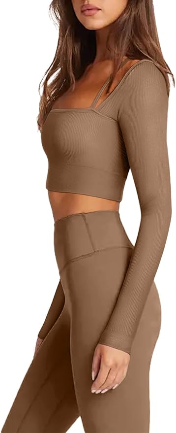 LASLULU Womens Sexy Square Neck Crop Top Ribbed Seamless Long Sleeve Workout Tops Halter Neck Athletic Yoga