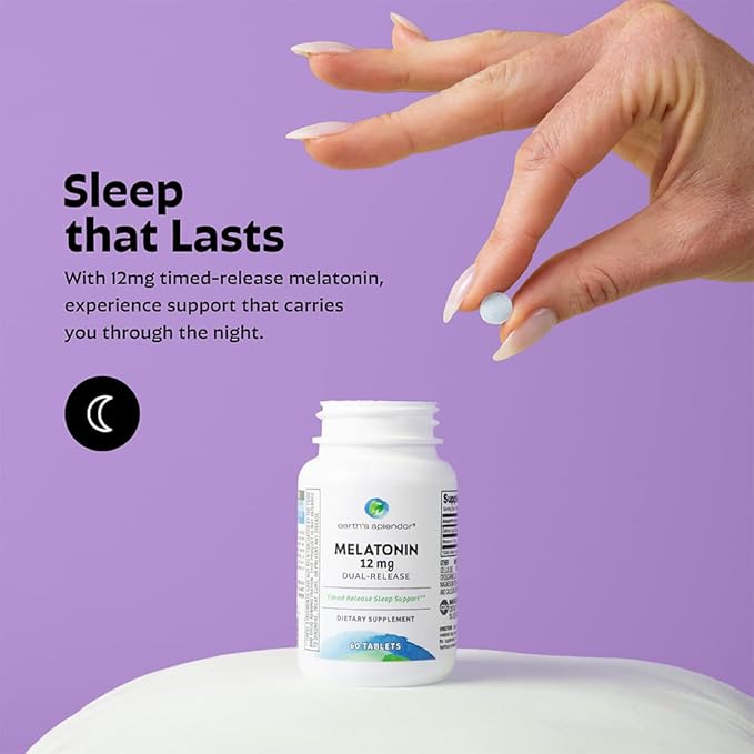 Earth's Splendor Melatonin 12 MG Bilayer Tablets, Sleep Aid Supplement, 60 Count - 2 Month Supply Melatonin