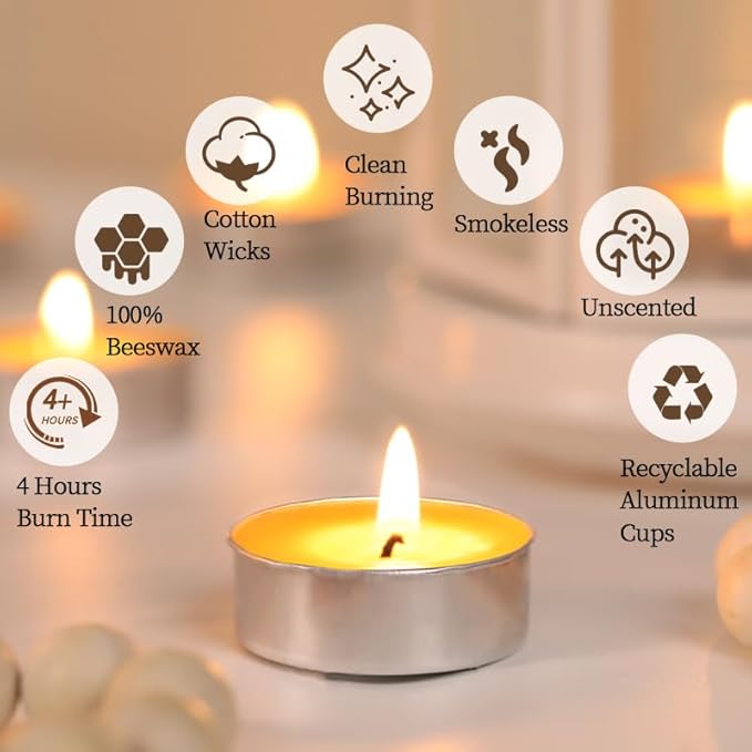 50 Packs Beeswax Tealight Candles, Pure Beeswax Tea Lights Candle, Natural Organic Tealights Candles Unscented Smokeless Clean Burning with 4 Hour Burn Time